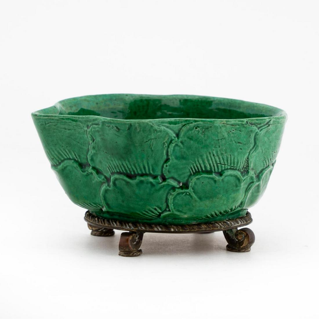 CHINESE GREEN PORCELAIN LEAF FORM CUP, BRONZE BASE (1 of 6)
