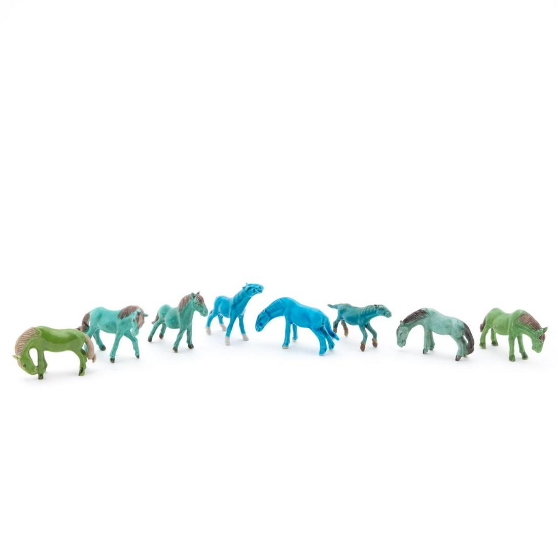 8PCS GREEN & BLUE GLAZE BISCUIT MINIATURE HORSES (1 of 9)