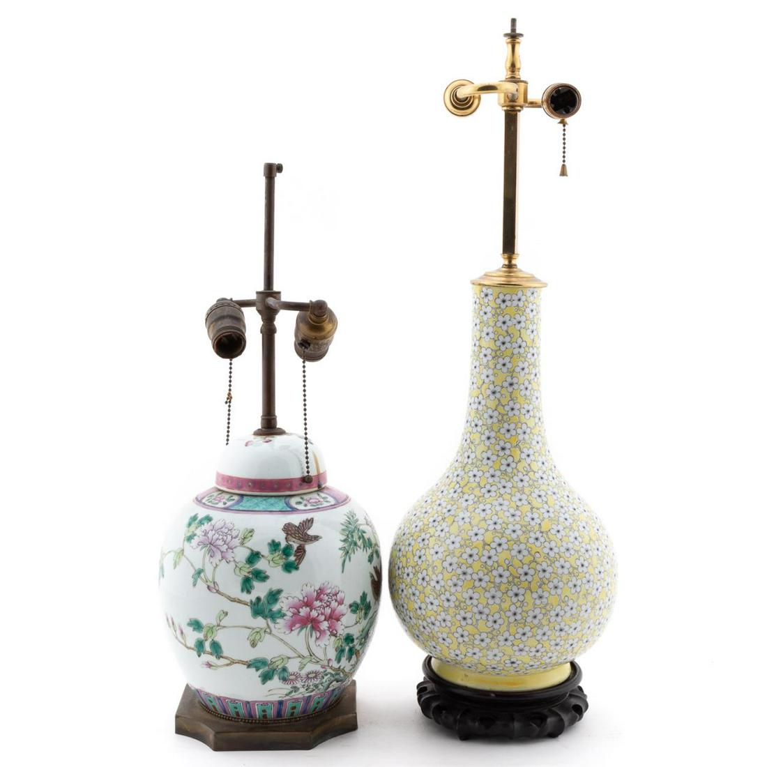 CHINESE 2 PORCELAIN TABLE LAMPS, URN & BOTTLE FORM (1 of 6)