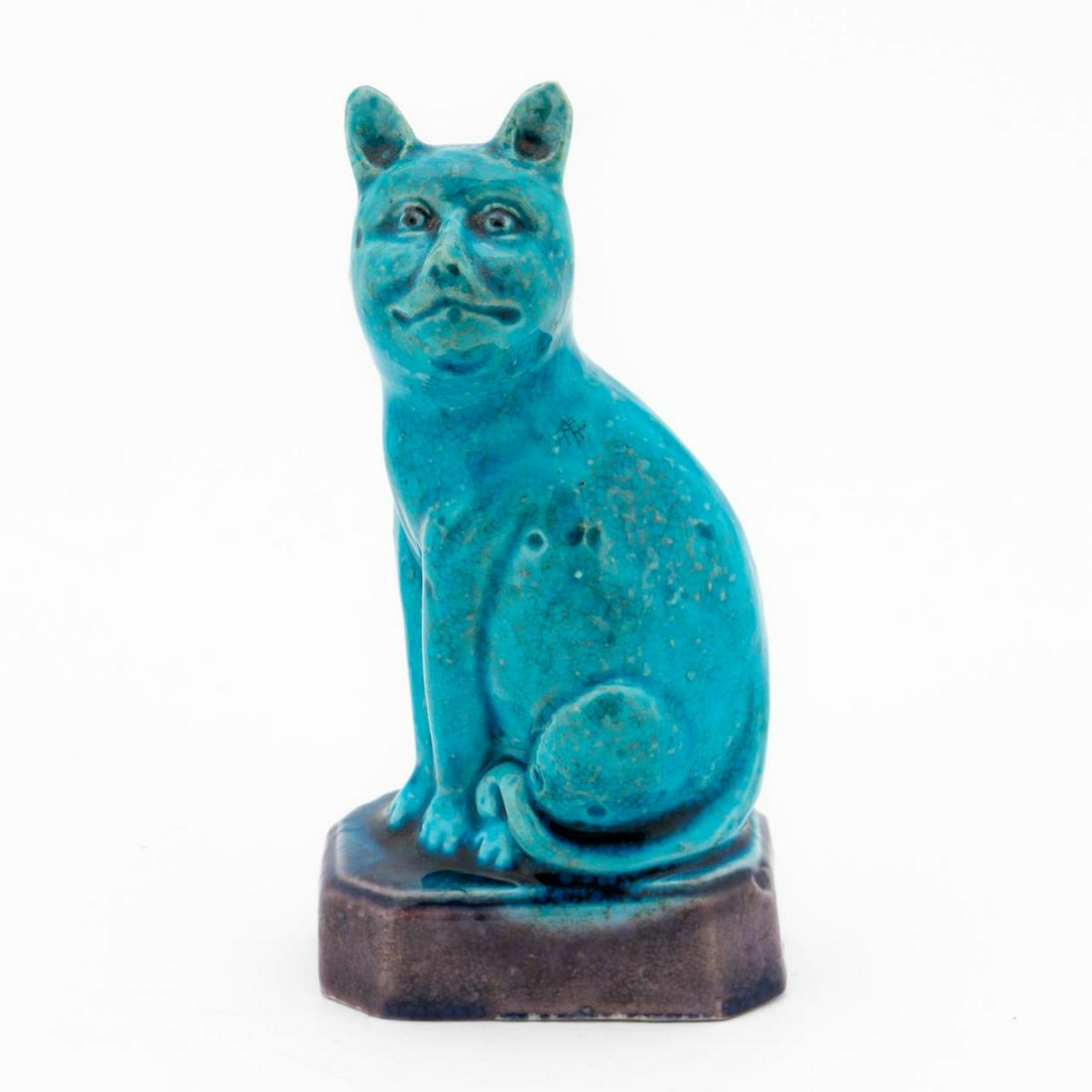 CHINESE TURQUOISE & AUBERGINE GLAZE CAT SCULPTURE (1 of 5)