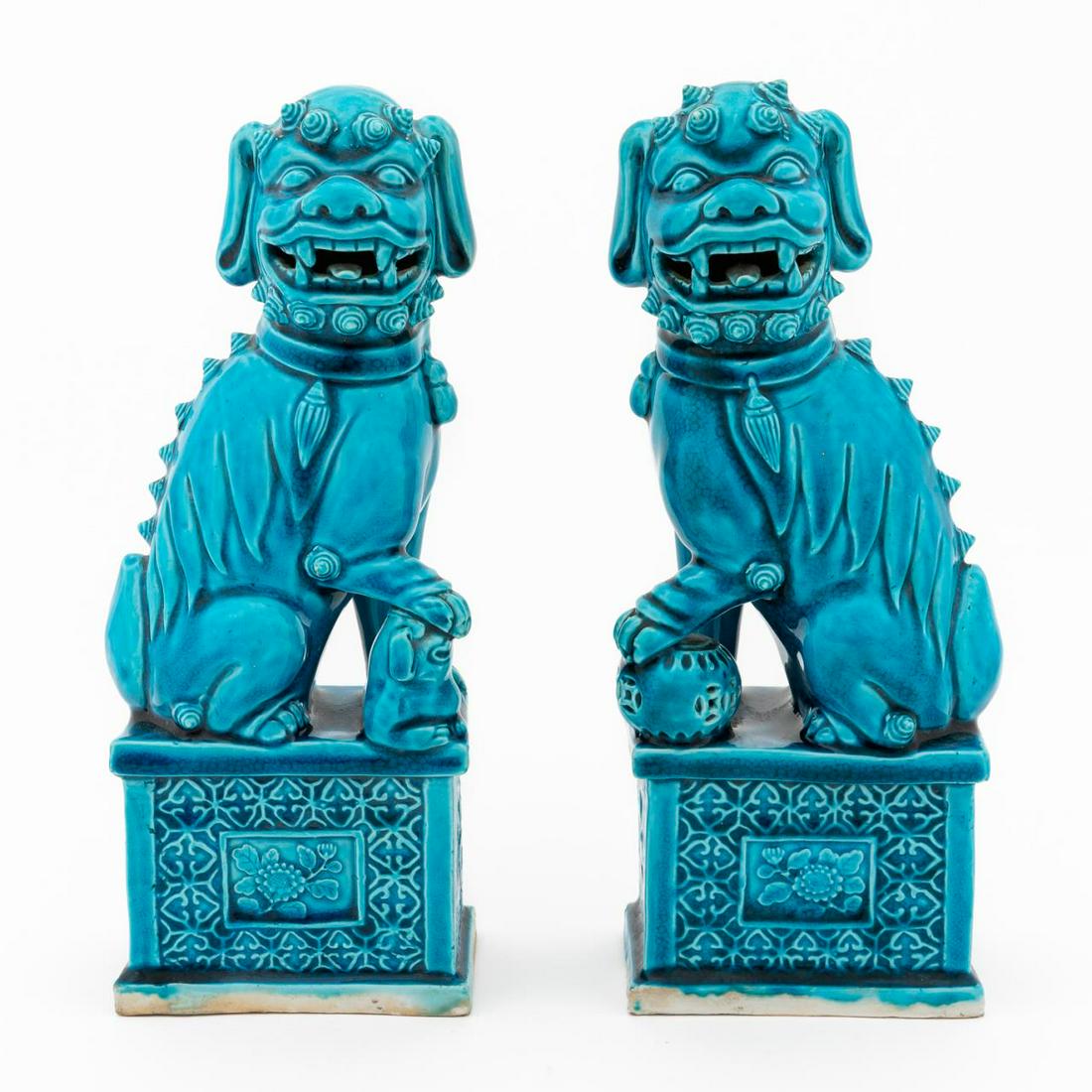 PAIR MALE & FEMALE TURQUOISE GLAZE GUARDIAN LIONS (1 of 6)