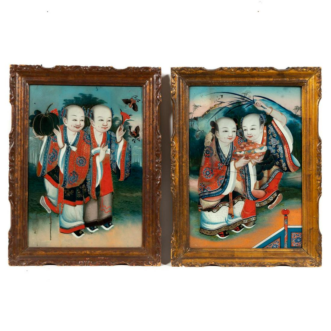 PAIR, CHINESE REVERSE PAINTING ON GLASS, FIGURES (1 of 4)