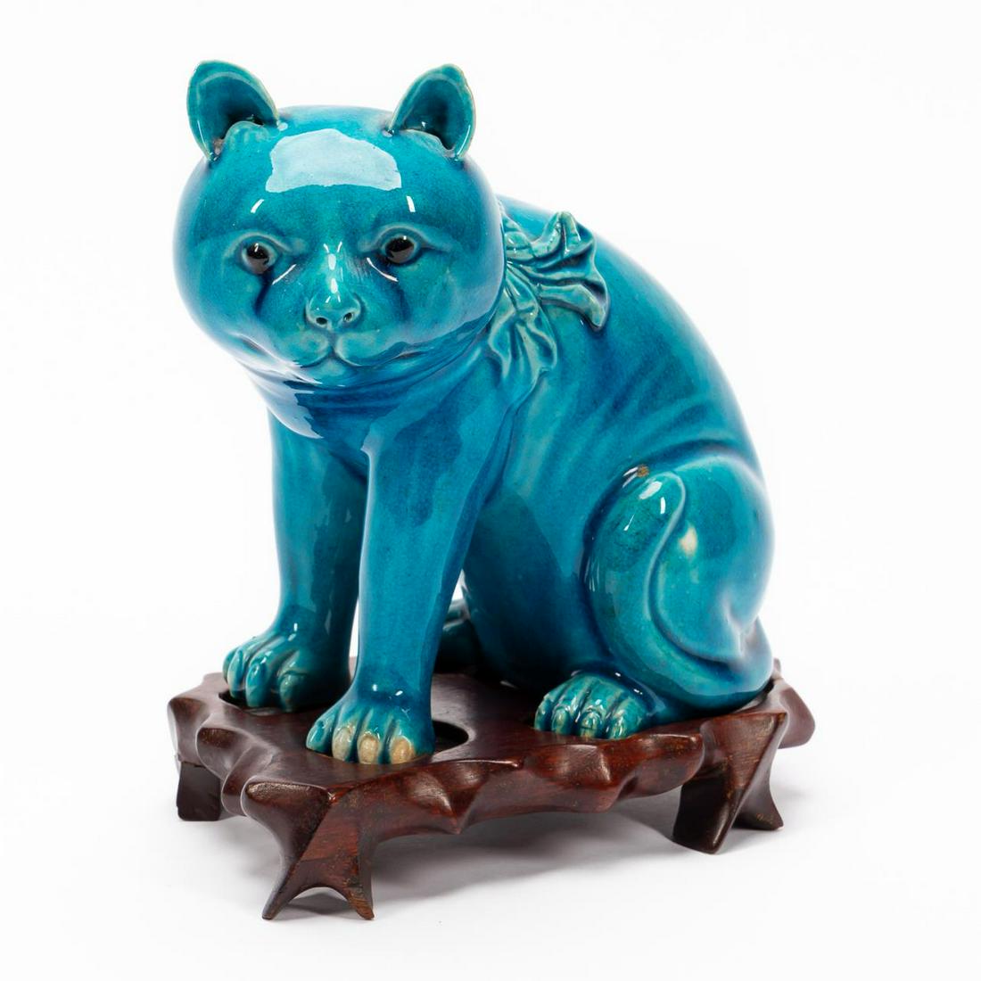 CHINESE TURQUOISE CAT ON CARVED WOODEN STAND (1 of 7)