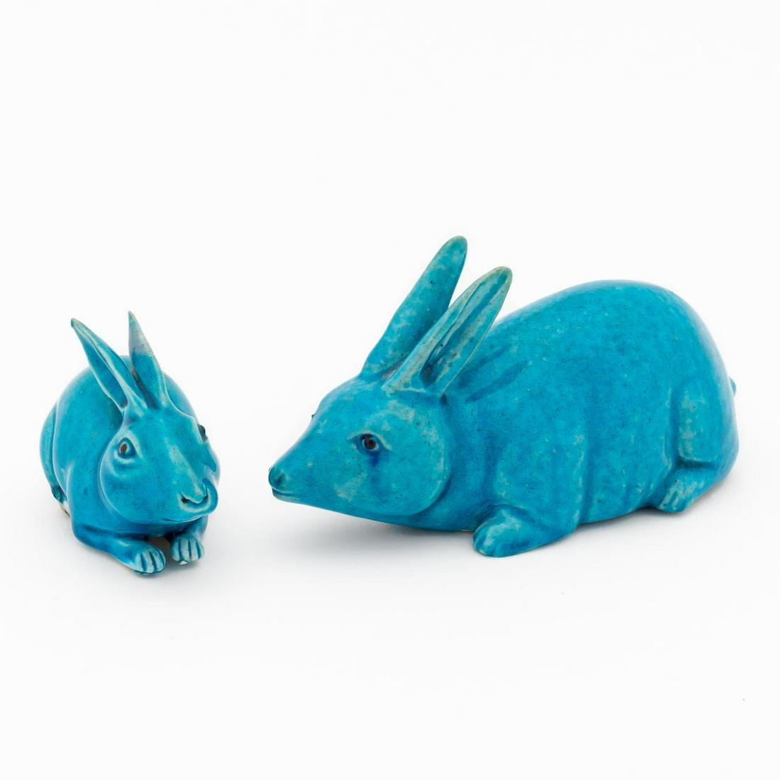 CHINESE, TWO TURQUOISE GLAZED RECUMBENT RABBITS (1 of 6)