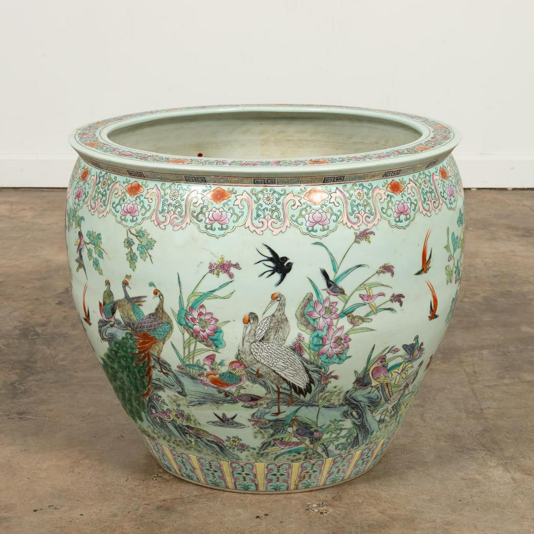 LARGE CHINESE FISH BOWL PLANTER, PEACOCK MOTIF (1 of 7)