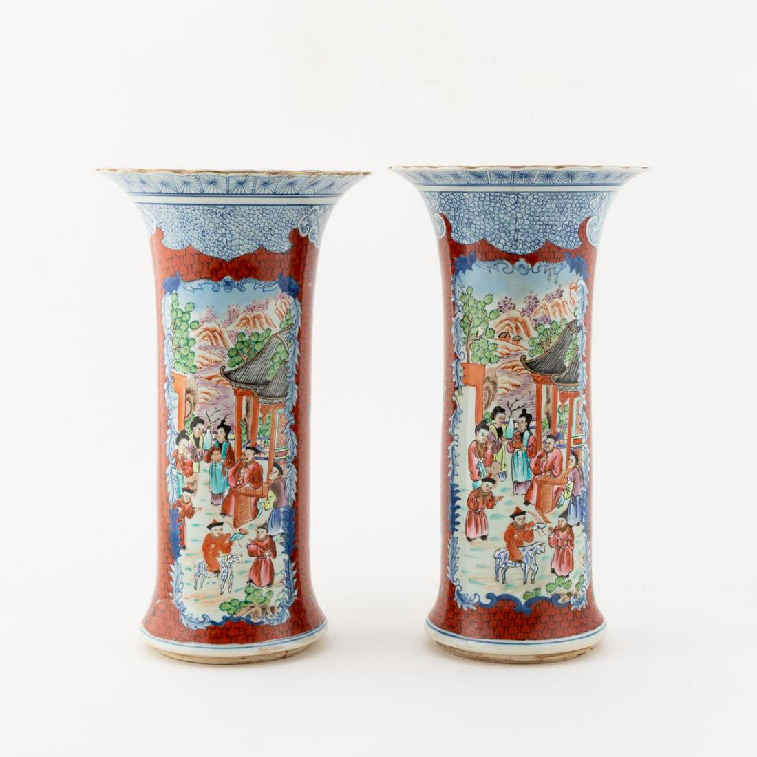 PAIR CHINESE EXPORT ROSE MANDARIN & IRON RED VASES (1 of 7)