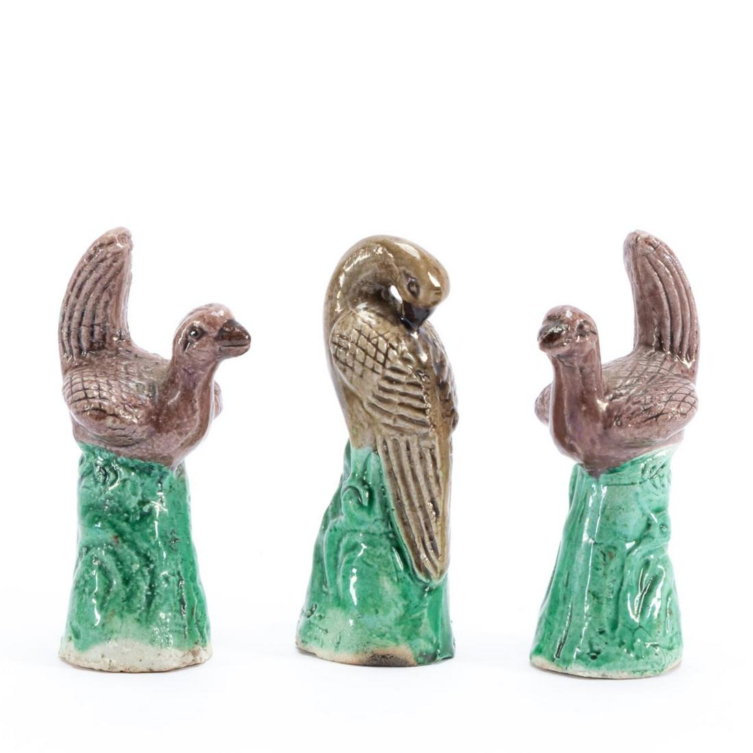 CHINESE, GROUP OF 3 GREEN & AUBERGINE GLAZE BIRDS (1 of 6)