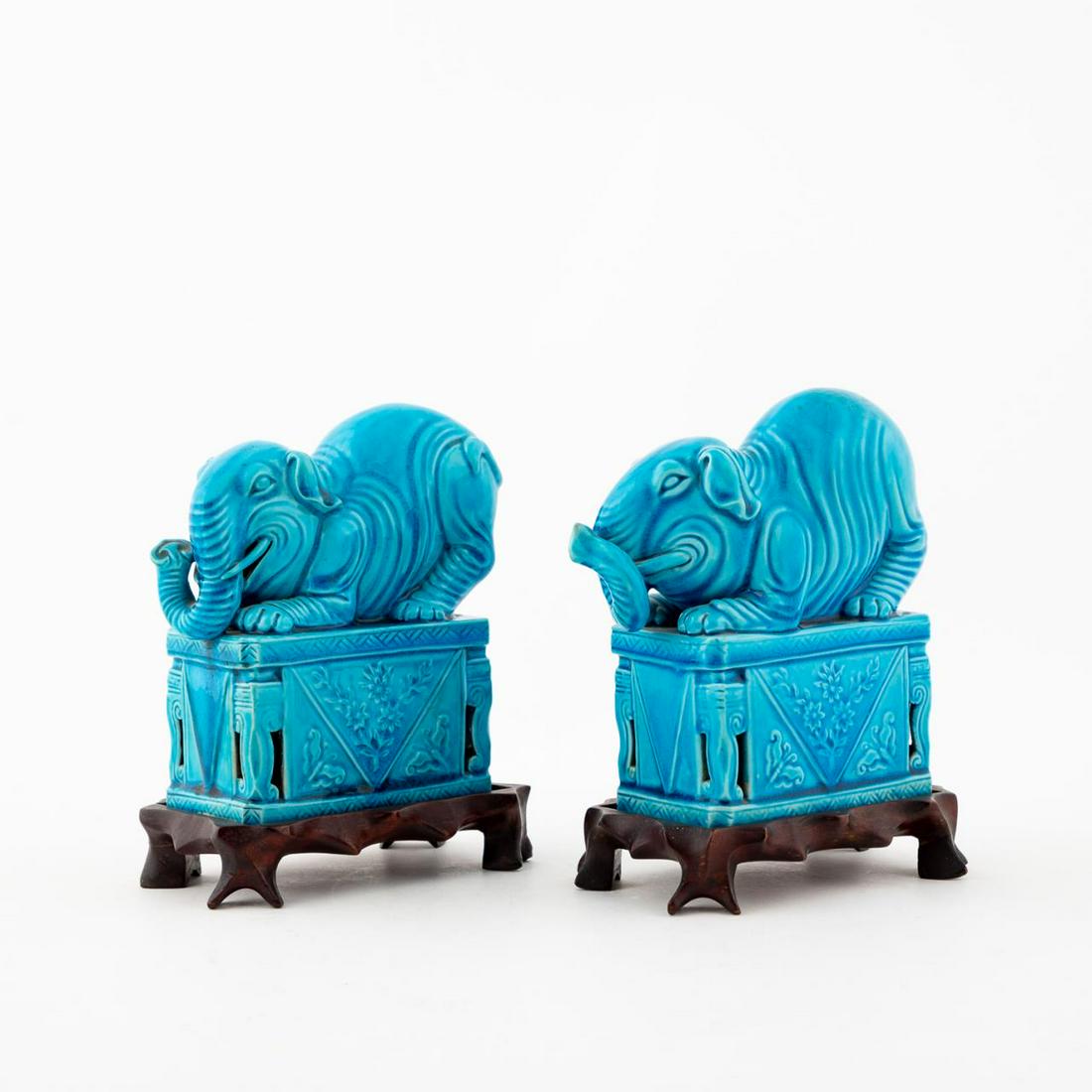 CHINESE, PAIR PEACOCK-BLUE CROUCHING ELEPHANTS (1 of 7)