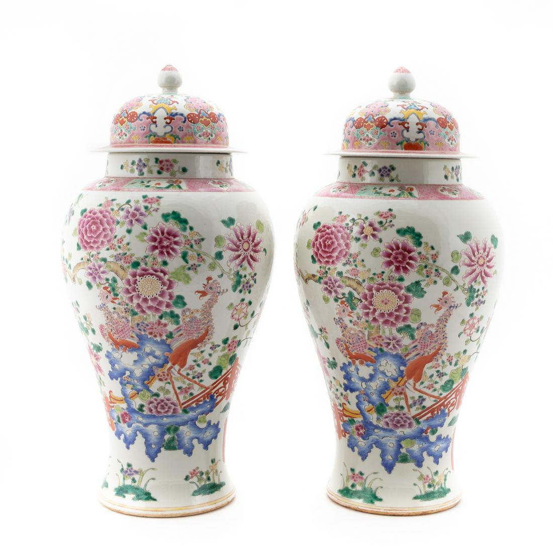 PAIR CHINESE FAMILLE ROSE LIDDED PORCELAIN URNS (1 of 8)