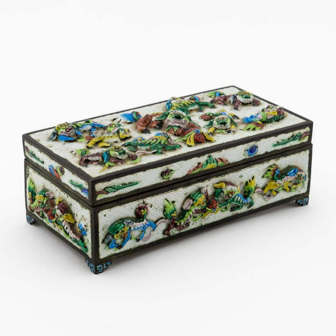 CHINESE GUARDIAN LIONS ENAMEL REPOUSSE BOX (1 of 9)