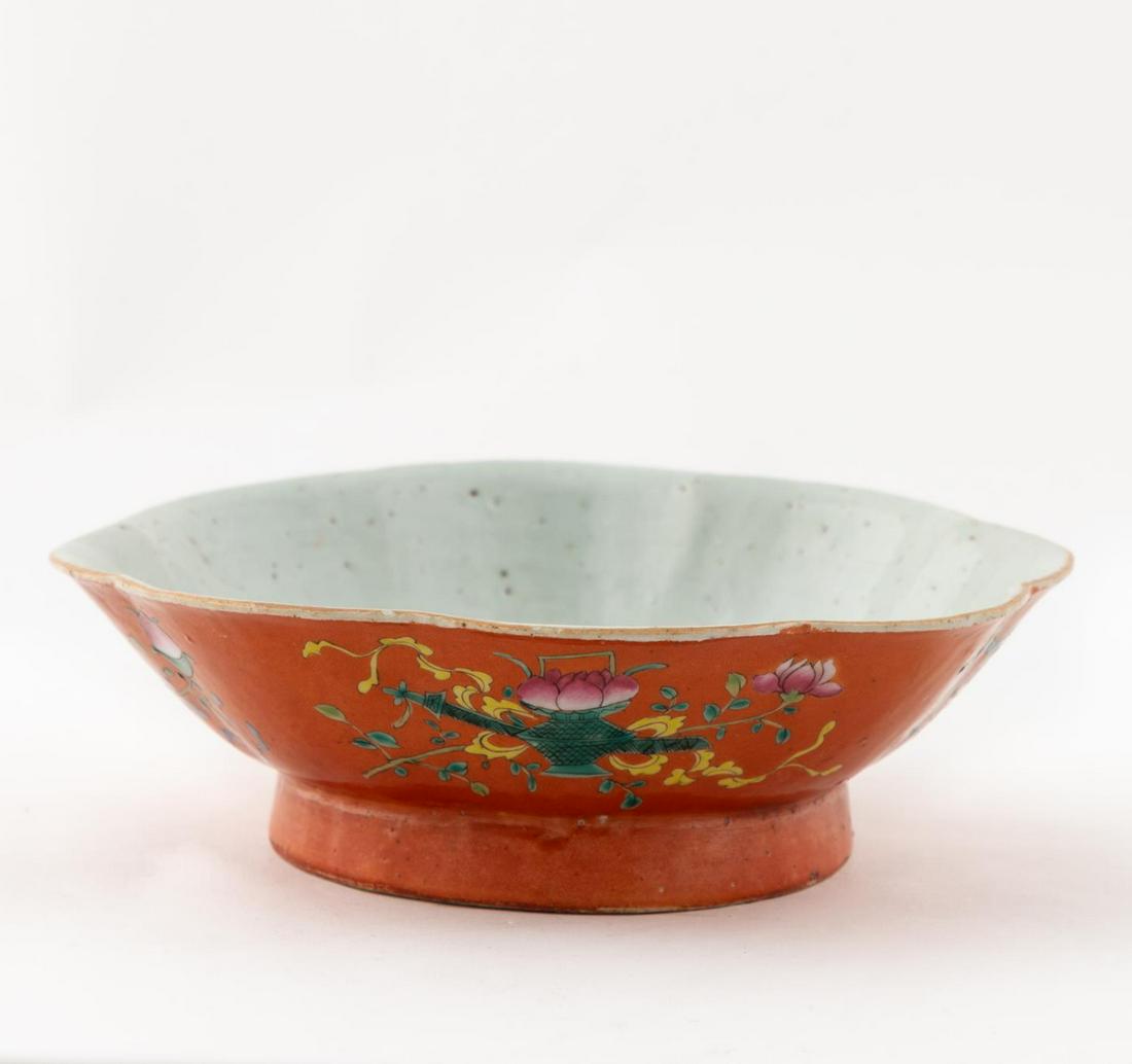 CHINESE ORANGE ENAMEL FLOWER FORM BOWL, SHAPED RIM (1 of 7)