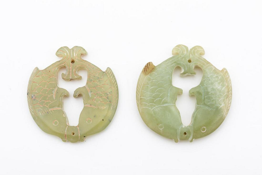 PAIR, CHINESE GREEN HARDSTONE FISH MEDALLIONS (1 of 4)