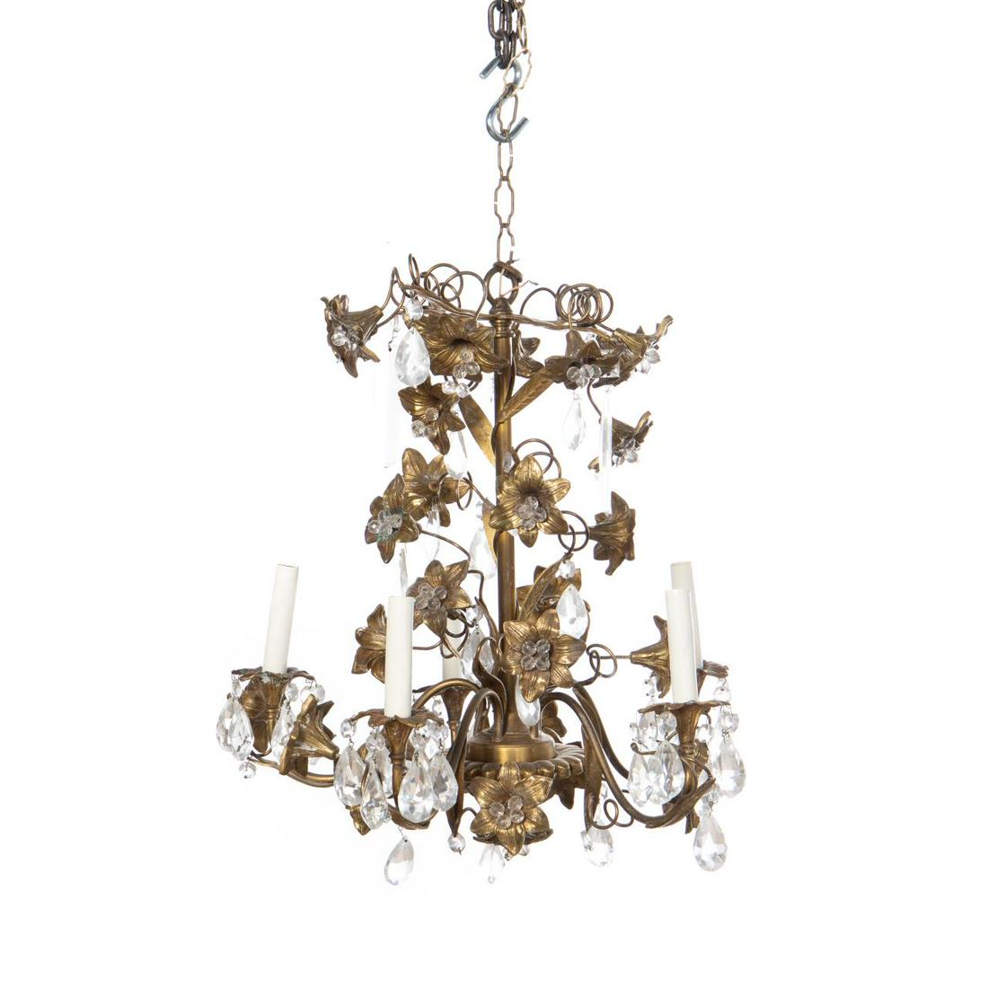 ITALIAN BRASS LILY & CRYSTAL FIVE-LIGHT CHANDELIER (1 of 4)
