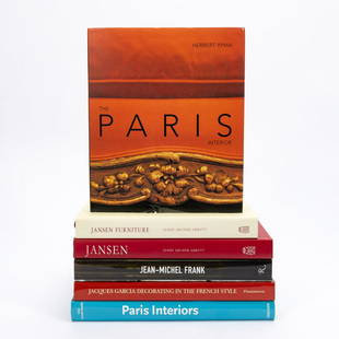 SIX HARDBACK BOOKS ON FRENCH INTERIOR DESIGN: Six volumes on French interiors including books on Jacques Garcia, Jean-Michel Frank and Jansen. Published by Rizzoli, Taschen, Actahnus and others. Largest approx. h. 12.75", w. 9.75", d. 1"