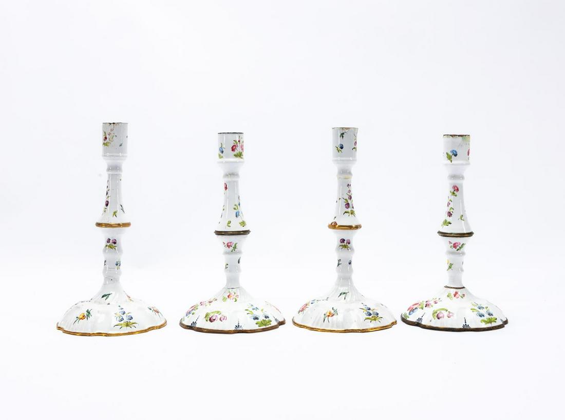 2 PRS., 18TH C. BILSTON FLORAL ENAMEL CANDLESTICKS (1 of 4)