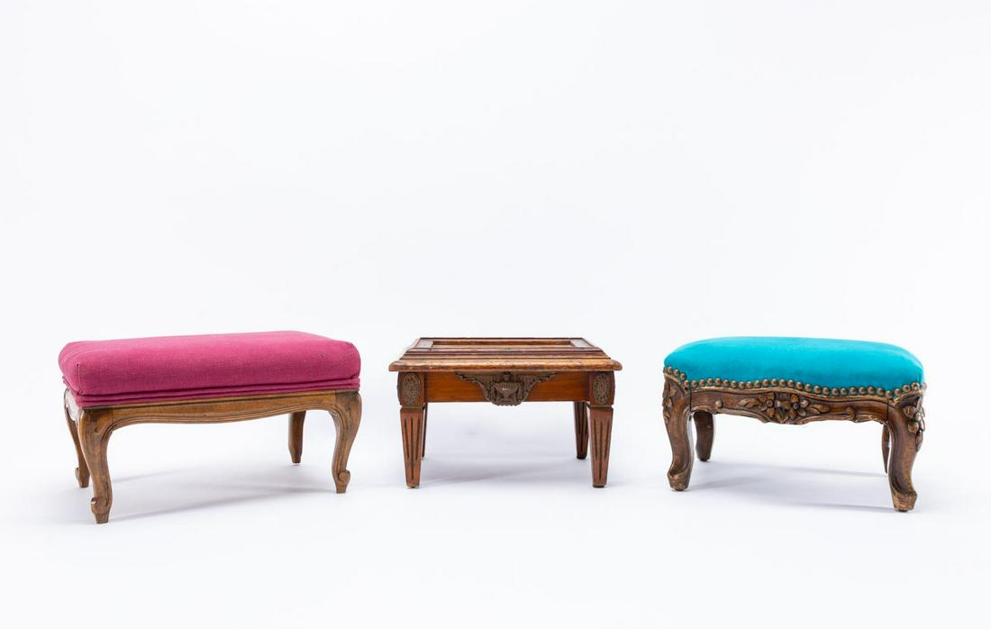 GROUP 3, FRENCH CARVED WOODEN DIMINUTIVE TABORETS: French, 20th century. Set of three diminutive taborets or footstools comprising: two in the Louis XV taste and one in the Louis XVI neoclassical taste with bronze mounts. Unmarked. Approx. h. 7.5", w.