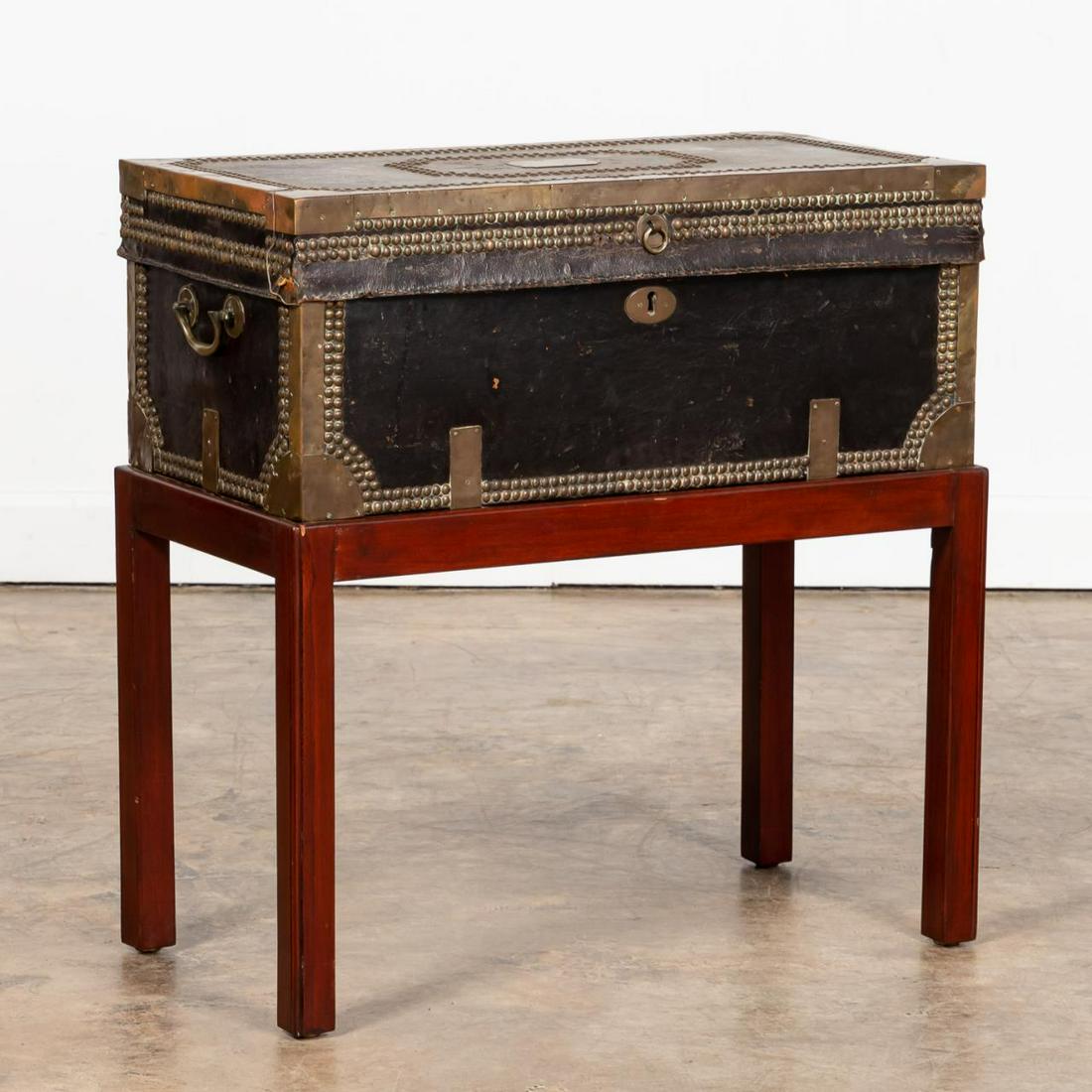 19TH C. BRASS STUDDED LEATHER TRUNK ON STAND (1 of 5)