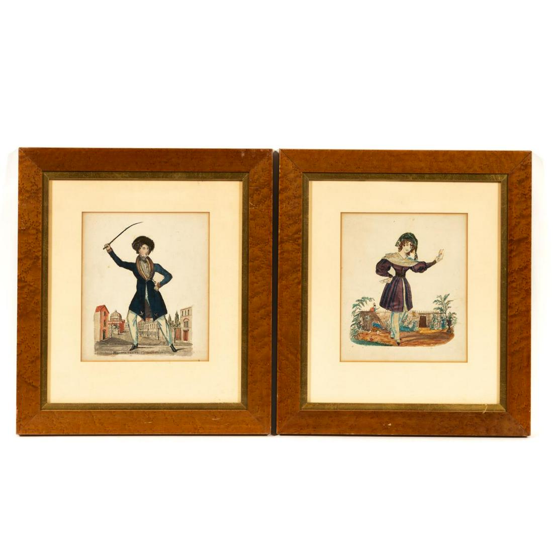 PAIR, 19TH CENTURY ENGLISH CHARACTER COLLAGES: English, 19th century. Pair of hand-colored, cut-out and collaged engravings laid on paper with watercolor, fabric, and metal ornaments. One marked "Madam Vestris as Don Giovanni". In matching 19th ce