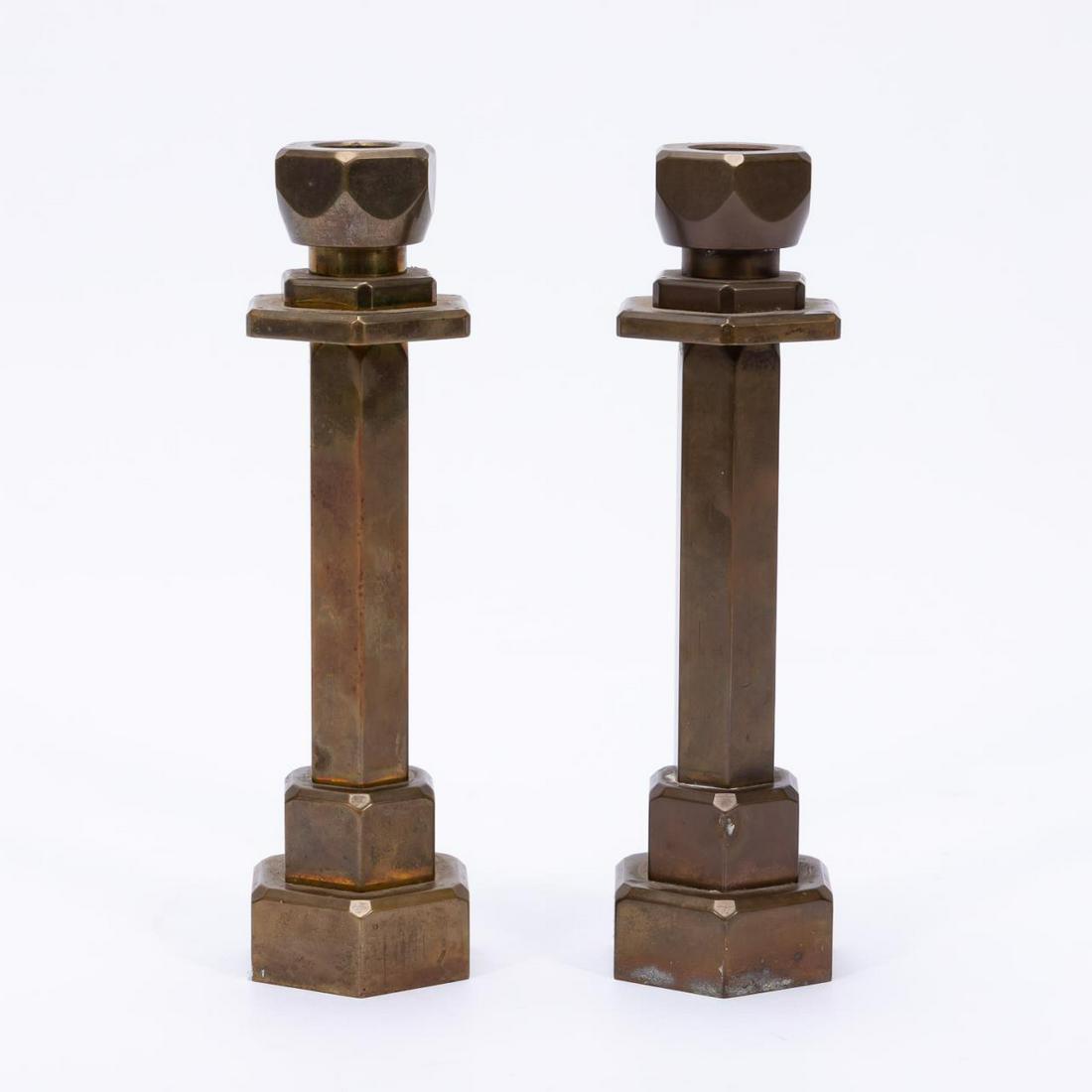 PAIR, BRONZE ARTS & CRAFTS STYLE CANDLESTICKS (1 of 4)