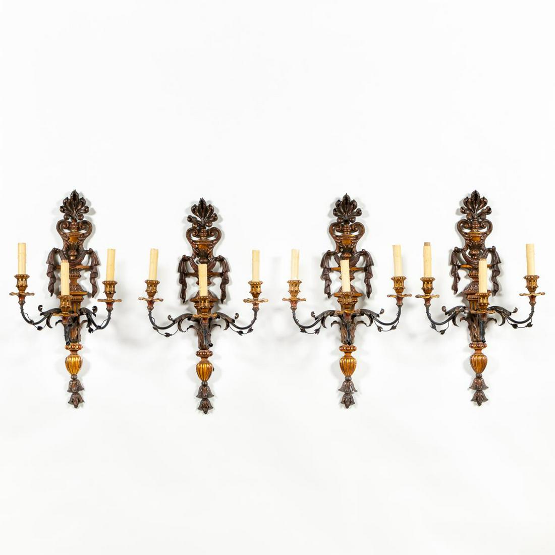 SET, 4 TOLE & POLYCHROME THREE-LIGHT SCONCES (1 of 6)