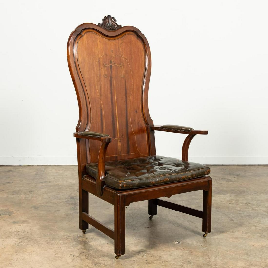 19th C. ENGLISH INLAID MAHOGANY JUDGE'S ARMCHAIR (1 of 8)