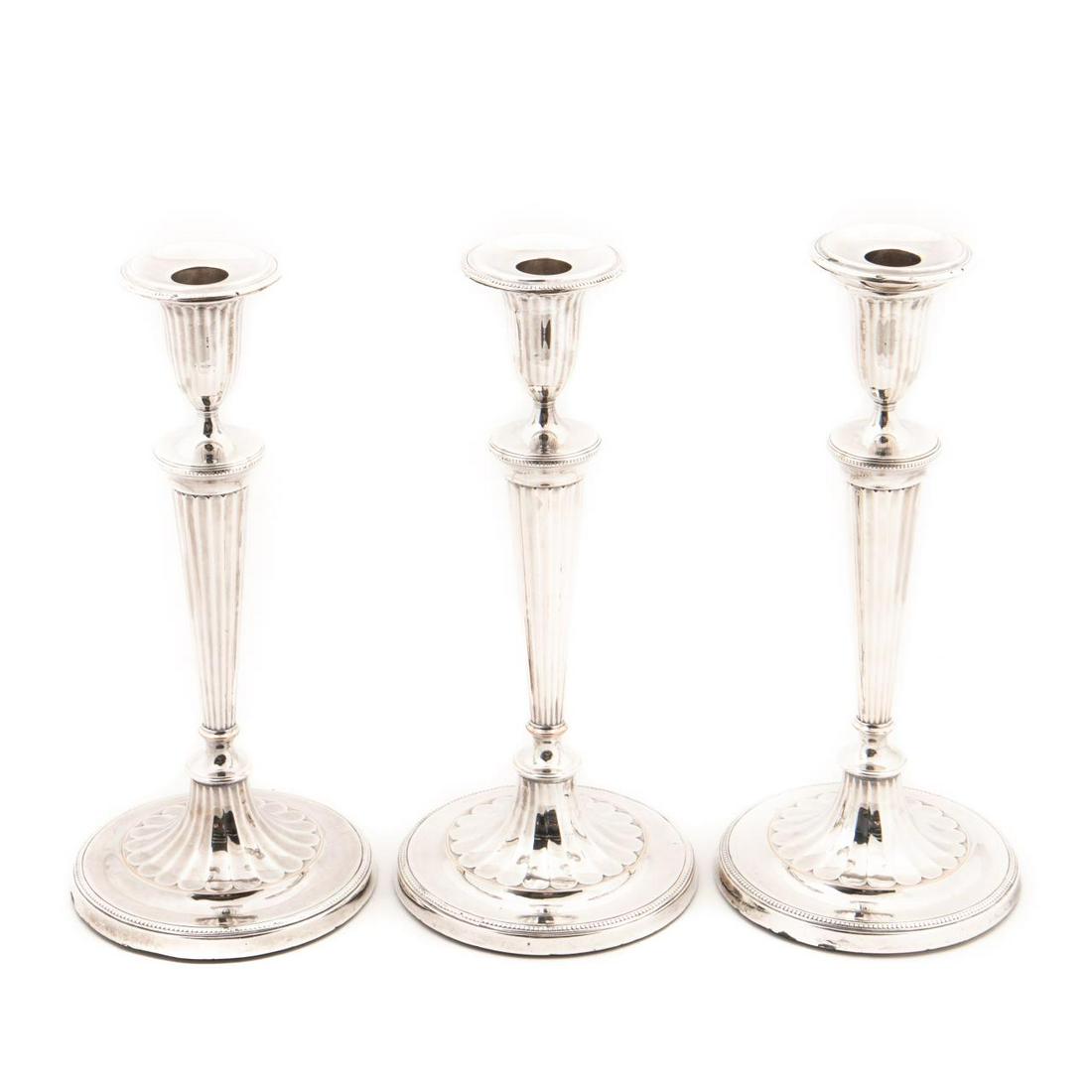 SET OF 3, OLD SHEFFIELD SILVER PLATE CANDLESTICKS (1 of 5)