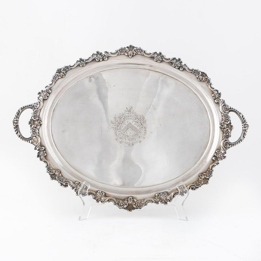 ENGLISH ARMORIAL SILVERPLATE FOOTED SERVING TRAY (1 of 6)