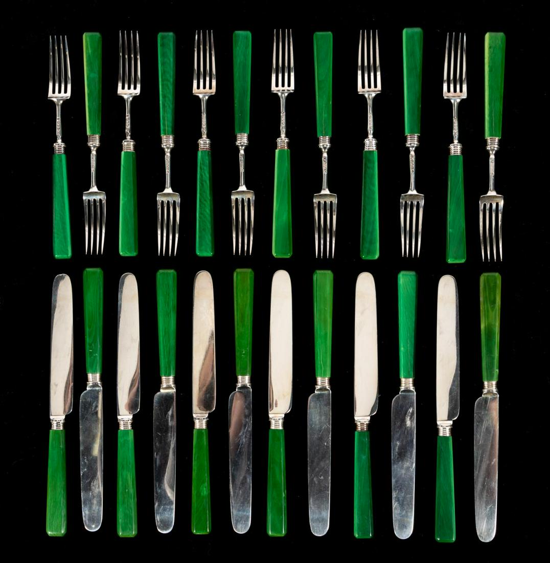 19TH C. ENGLISH STERLING & BONE BREAKFAST SET, 24PC: Aaron Hadfield (English / Sheffield, est 1818), 1829. Breakfast service of twenty-four sterling and polished green bone knives and forks. Accompanied by original box. Appropriately marked. Approx. len