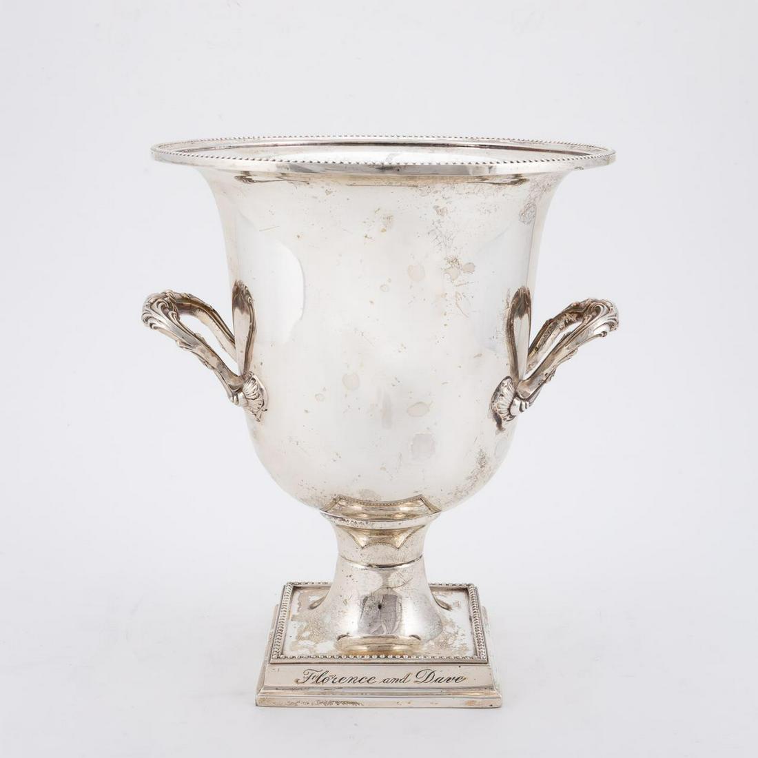 GORHAM SILVERPLATE CHAMPAGNE COOLER: Gorham (American), 20th century. Urn-form champagne or wine cooler, having beaded detail and double handles, inscribed "From The Sisters of St. Francis/Florence and Dave". Marked "Gorham/EP/YC1272" to