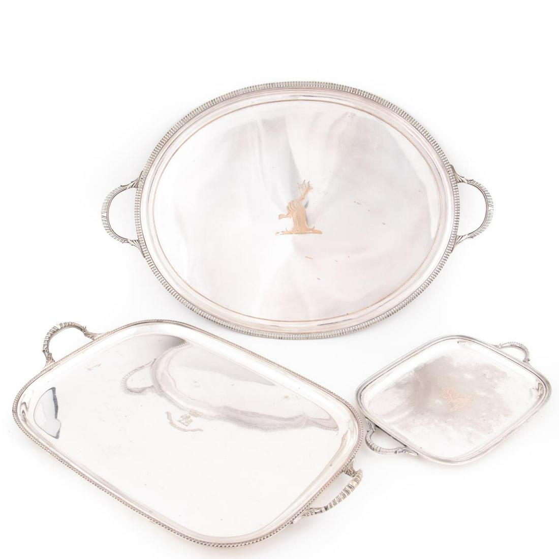 GROUP OF 3, ARMORIAL HANDLED SILVERPLATE TRAYS (1 of 8)