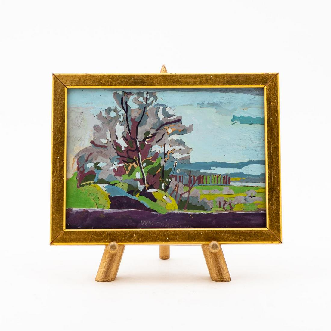 WH CHAFIN GOUACHE ON PAPER, LANDSCAPE, 1961: W. H. Chafin Jr (American, 20h century). "Landscape" -1961, gouache or tempera on paper. Signed and dated lower center. Framed, on stand. Approx. 5.75" x 7.5" (frame), 5" x 6.75" (sheet_