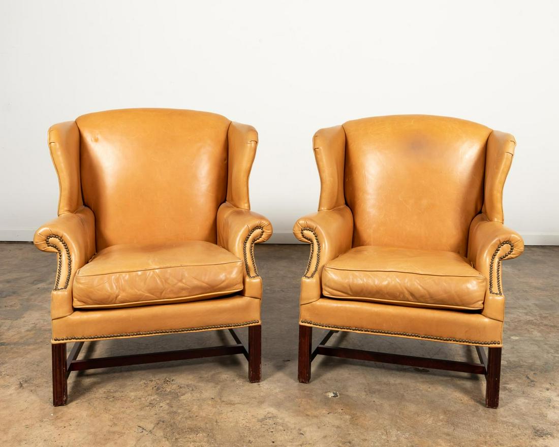 PAIR, GEORGIAN STYLE WIDE LEATHER WINGBACK CHAIRS (1 of 4)