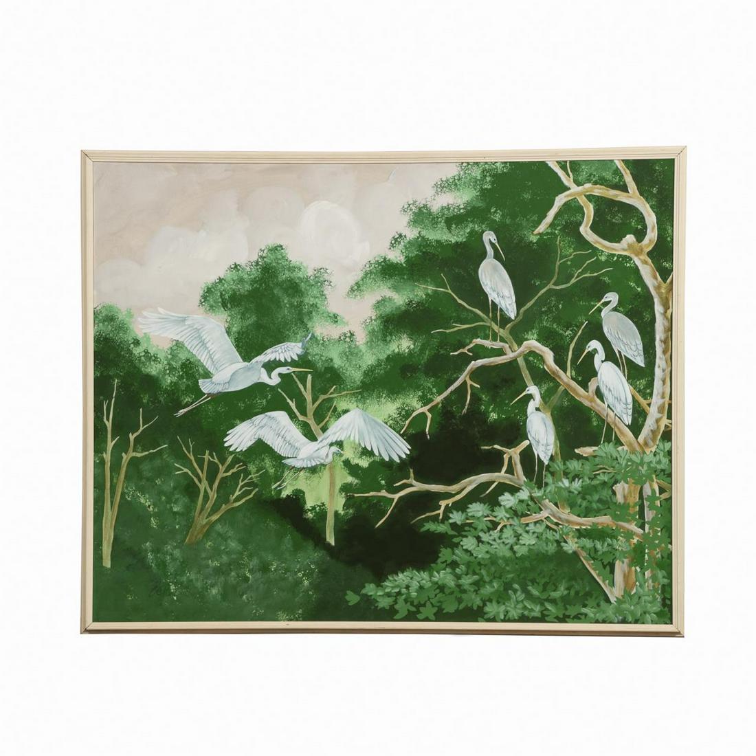 LARGE PAINTING OF CRANES BY CLIFTON, FRAMED (1 of 3)