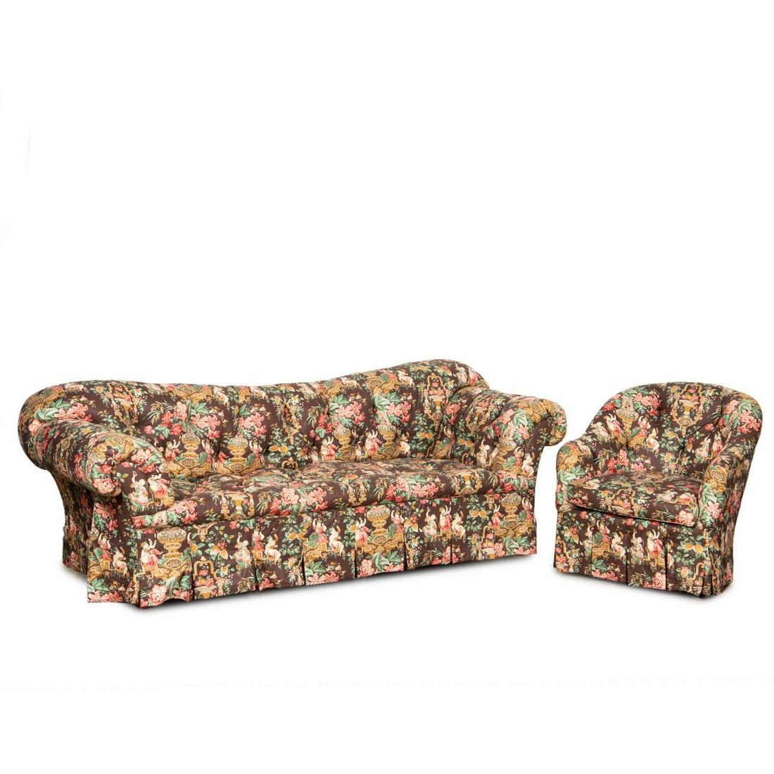 CHINOISERIE UPHOLSTERED TUFTED SOFA & CLUB CHAIR (1 of 7)