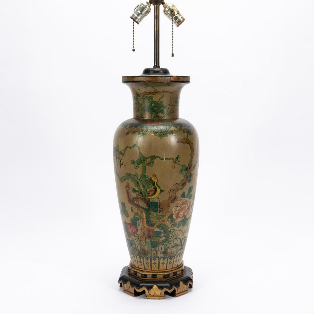 ITALIAN PAINTED WOOD CHINOISERIE VASE 2 LIGHT LAMP (1 of 6)