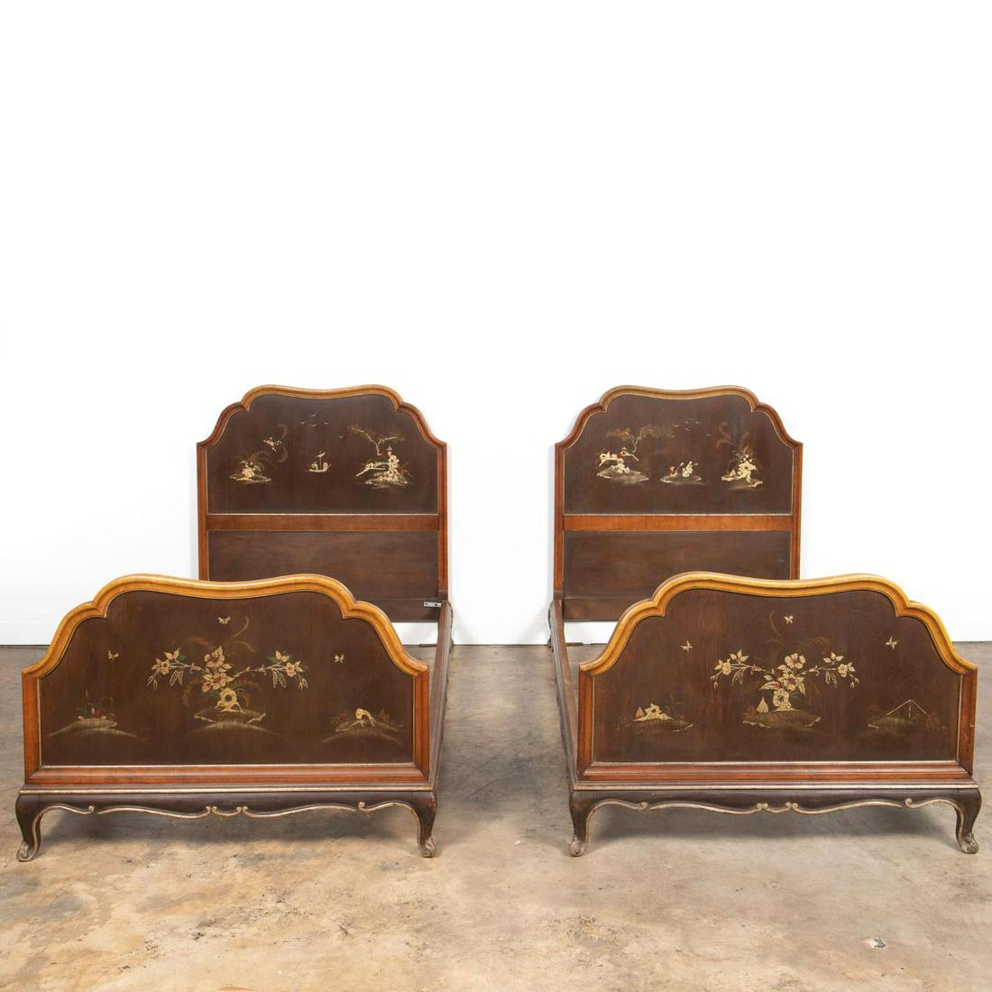 PAIR, CHINOISERIE MOTIF TWIN BED FRAMES, C. 1920 (1 of 7)