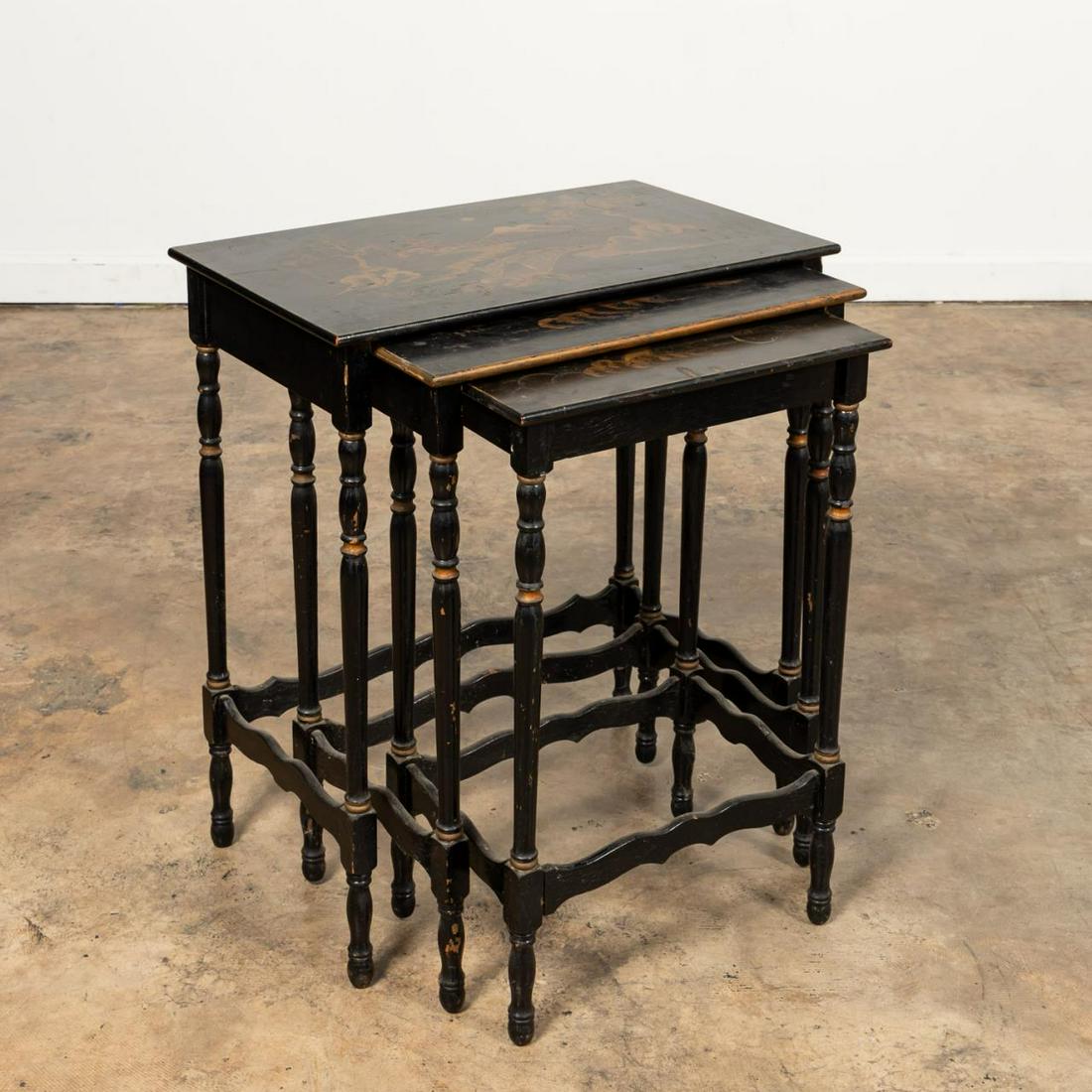 SET 3, BLACK JAPANNED CHINOISERIE NESTING TABLES (1 of 8)