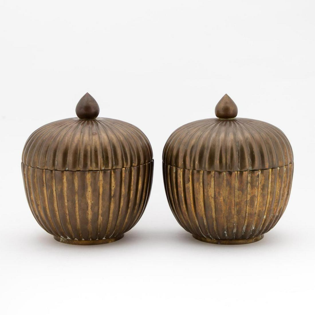 PAIR MAITLAND SMITH BRASS LIDDED URNS, LABELED (1 of 7)