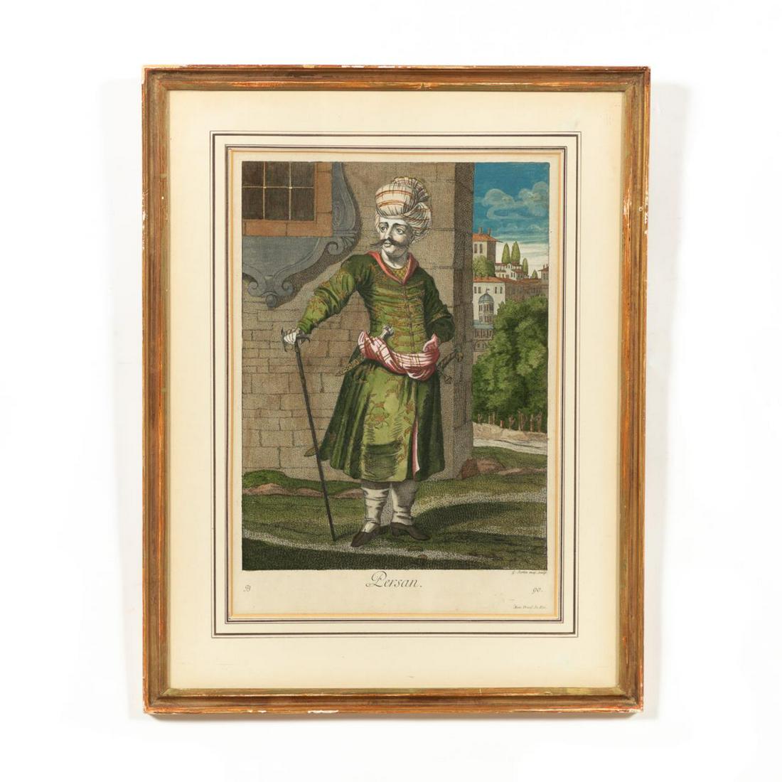 18TH C. "PERSIAN" HAND COLORED ENGRAVING, FRAMED (1 of 6)