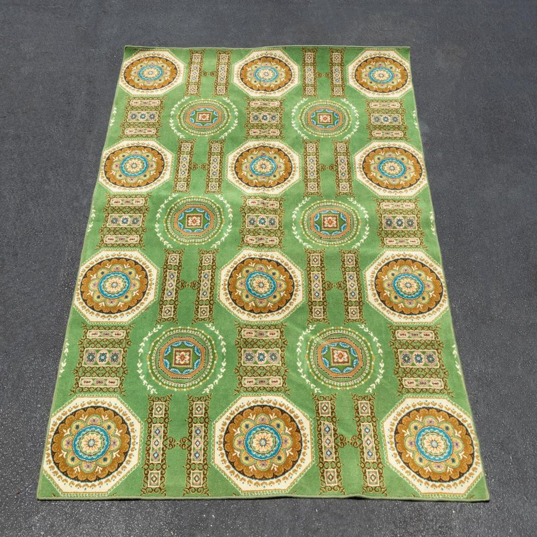 STARK GREEN GROUND RUG W/ FLORAL MEDALLIONS (1 of 4)