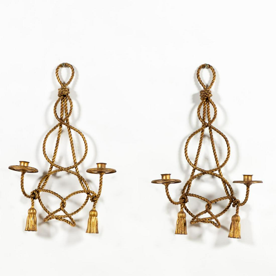 PAIR, GILT METAL CORD AND TASSEL TWO LIGHT SCONCES (1 of 6)