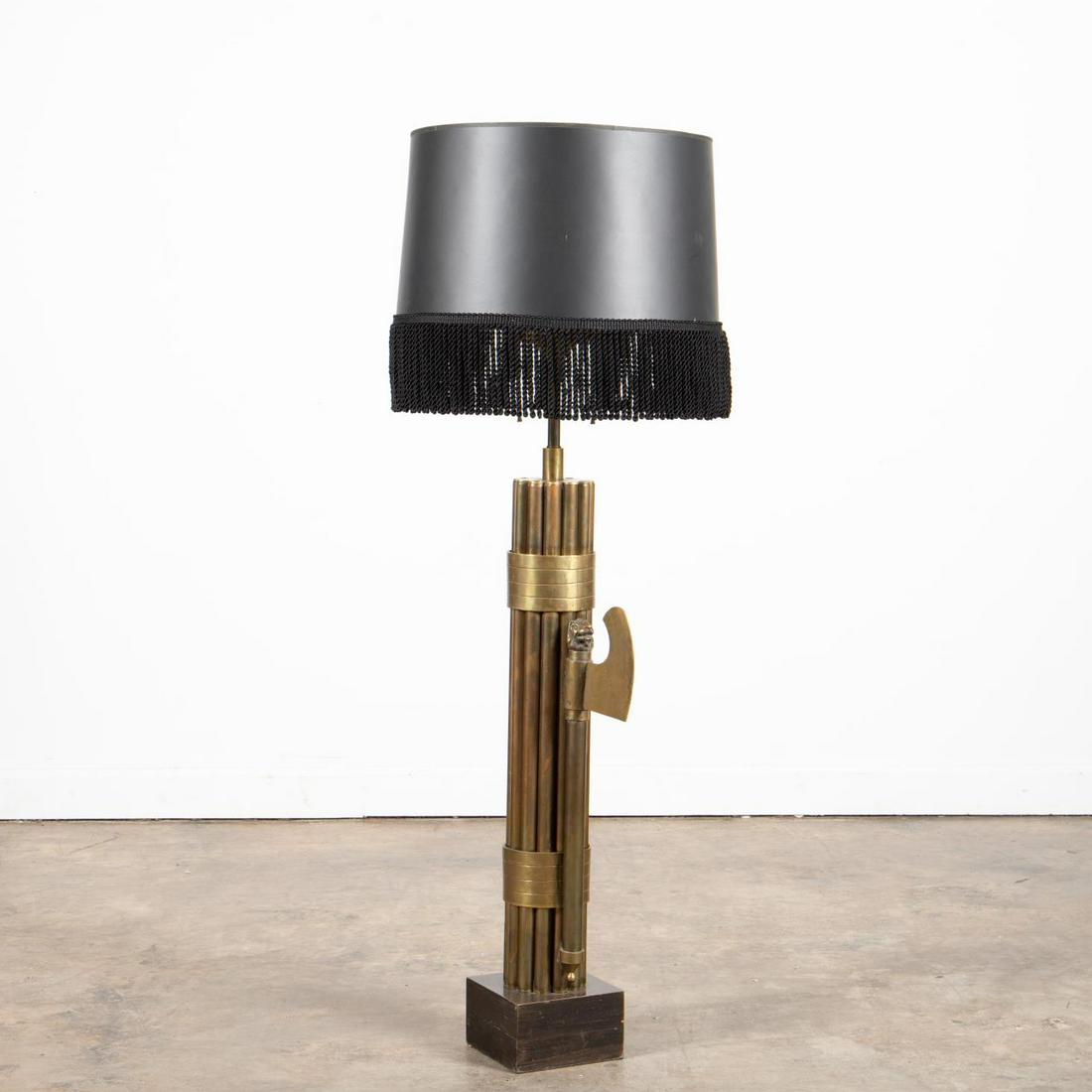 TALL BRASS FASCES FORM THREE LIGHT TABLE LAMP (1 of 6)