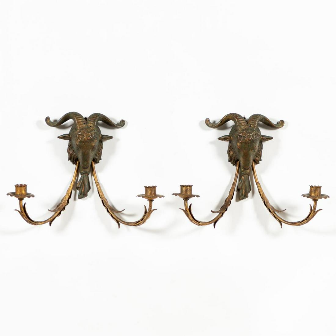 PAIR , RAMS' HEAD GILTWOOD AND METAL SCONCES (1 of 5)
