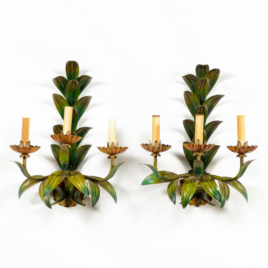 PAIR, THREE LIGHT FLORAL & FOLIATE SCONCES (1 of 6)