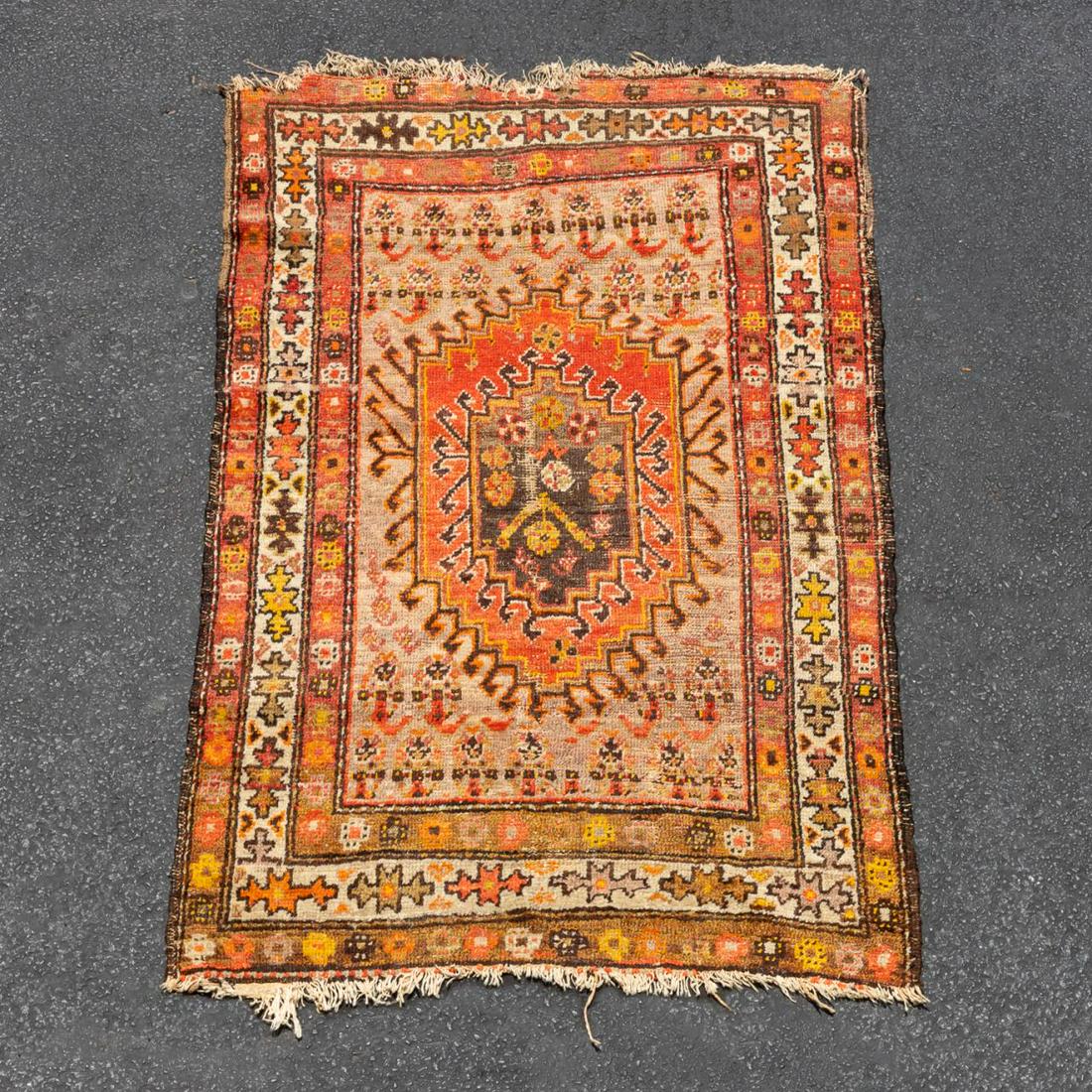 SMALL HAND-WOVEN TRIBAL MOTIF HAMADAN RUG: Persian. Antique hand-woven Hamadan small carpet with tribal motif in red and orange. Approx. 5' 3" x 3' 1"