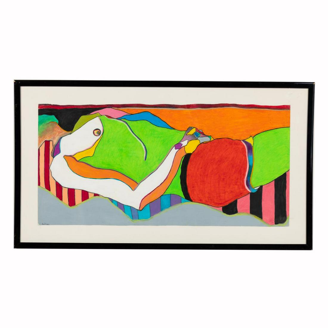 MARC HELMAN, RECLINING MALE FIGURE MIXED MEDIA: Marc Helman (American, 20th century). "Man in Shorts Reclined", mixed media on paper. Signed lower left. Framed. Approx. 26.75" x 47.5" (frame), 19.25" x 40" (sheet)