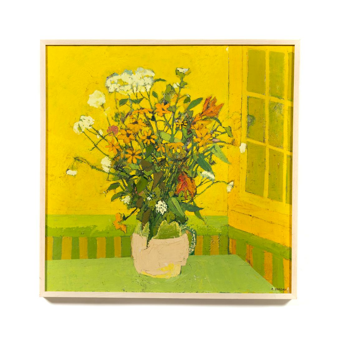 R. JORDAN, STILL LIFE WITH DAISIES OIL ON CANVAS: R. Jordan (American, 20th century). "Still Life with Daisies", oil on canvas. Signed lower right; titled on stretcher. Framed. Approx. 26" x 26" (canvas), 27" x 27" (frame)