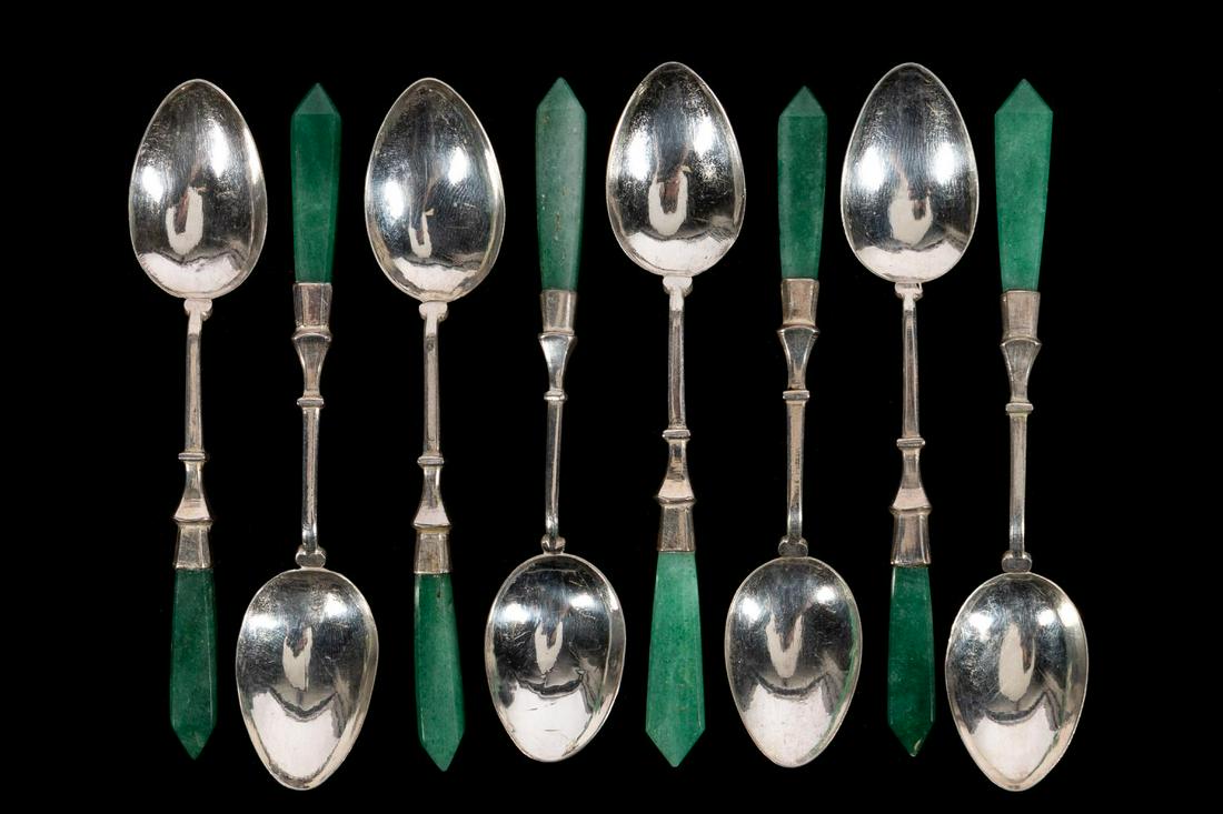 8 PCS, SILVER AND STONE HANDLED DEMITASSE SPOONS (1 of 3)