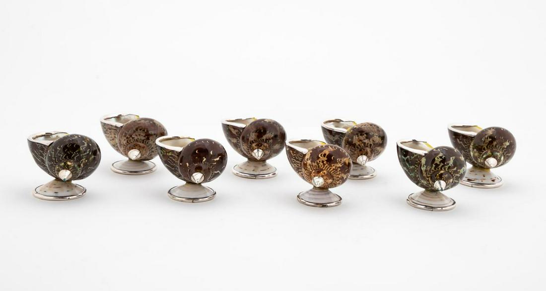 SET, 8 STERLING SILVER & TURBAN SHELL SALT CELLARS (1 of 6)