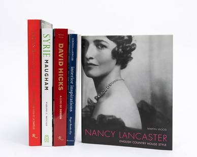 5 ENGLISH INTERIOR DESIGN BOOKS, DAVID HICKS: Five books on British interior decoration and designers including Nancy Lancaster, David Hicks, and Syrie Maugham. Largest approx. h. 13", w. 10", d. 1.25"